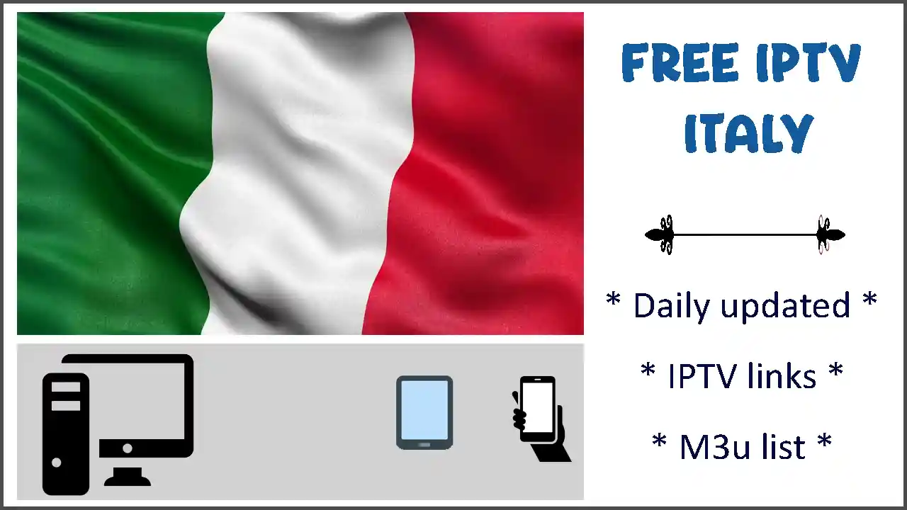 Graphic for free IPTV Italy, featuring the Italian flag colors, a TV icon, and streaming waves, highlighting free streaming services in Italian.